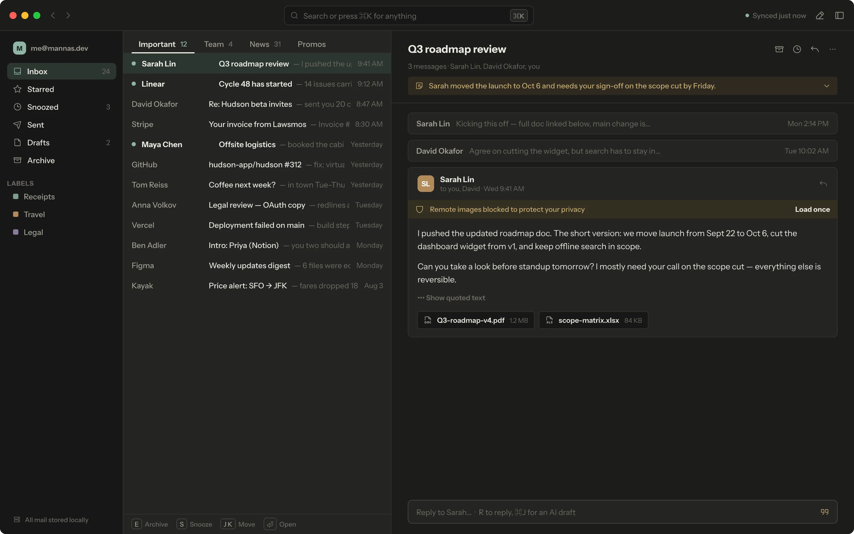 The Hudson app: a three-pane inbox with sidebar, message list, and an open thread with an AI-drafted reply.